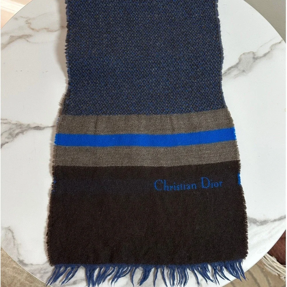 Christian Dior VTG Wool Scarf Blue Brown Stripe West‎ Germany 1970's Luxury